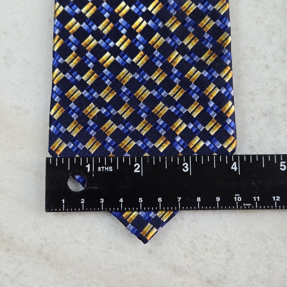 Allyn St. George Silk Tie Blue Gold Yellow Geometric Square Pattern Professional - Picture 6 of 7